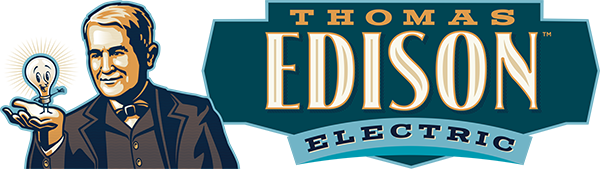 Thomas Edison Electric company logo featuring Thomas Edison and a light bulb.