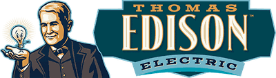 Thomas Edison Electric company logo featuring Thomas Edison and a light bulb.