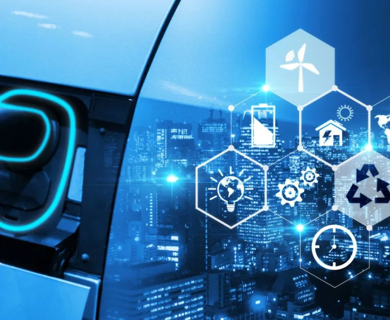 This image illustrates the concept of Smart EV Charging, which is an intelligent system that recharges electric vehicle batteries efficiently.