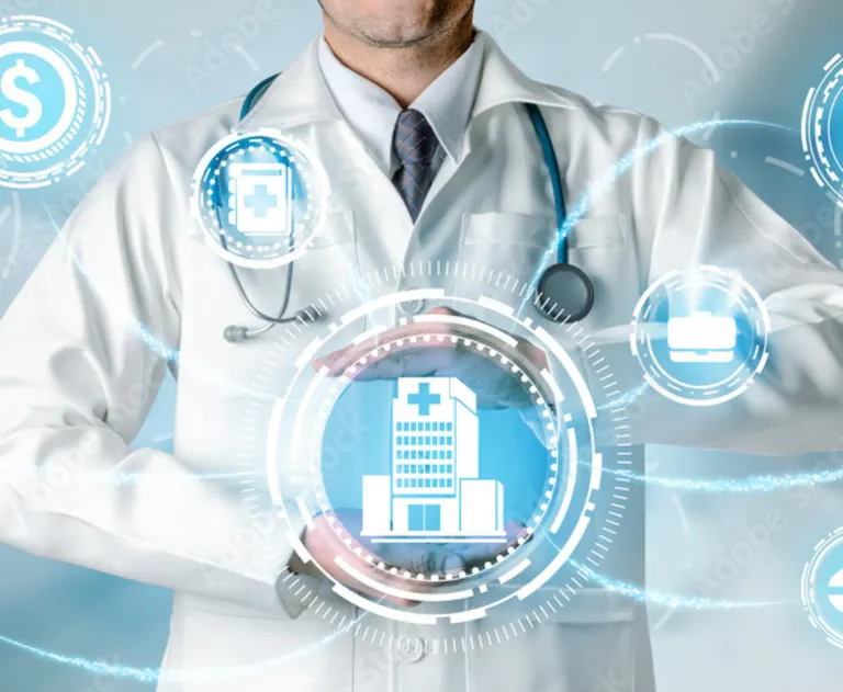 This image illustrates the integration of technology in healthcare management.