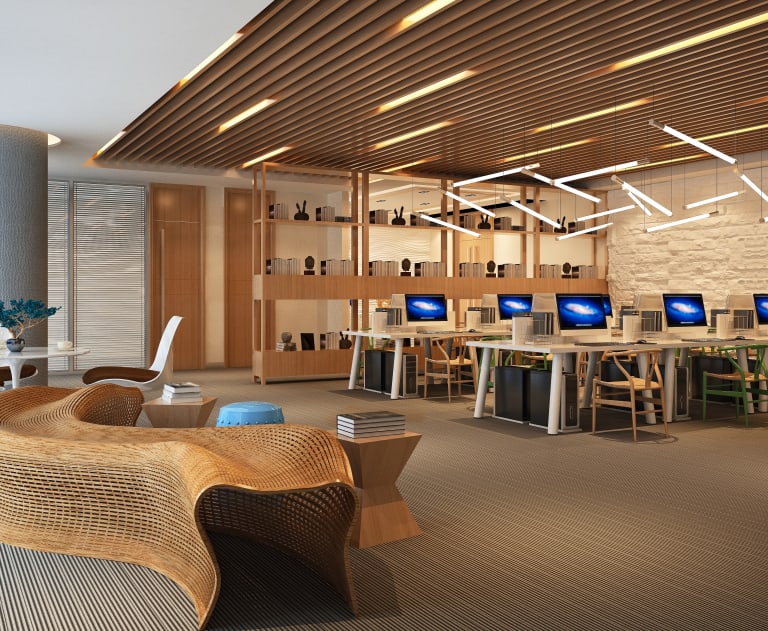 The image displays a modern, flexible "Hybrid 3.0" workspace designed for collaborative work and employee well-being.