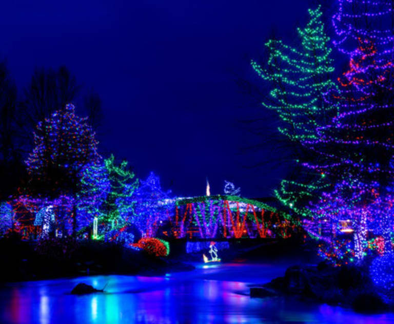This image shows a holiday light display over. a lake and bridge, with many trees and the bridge draped in colorful holiday lights.