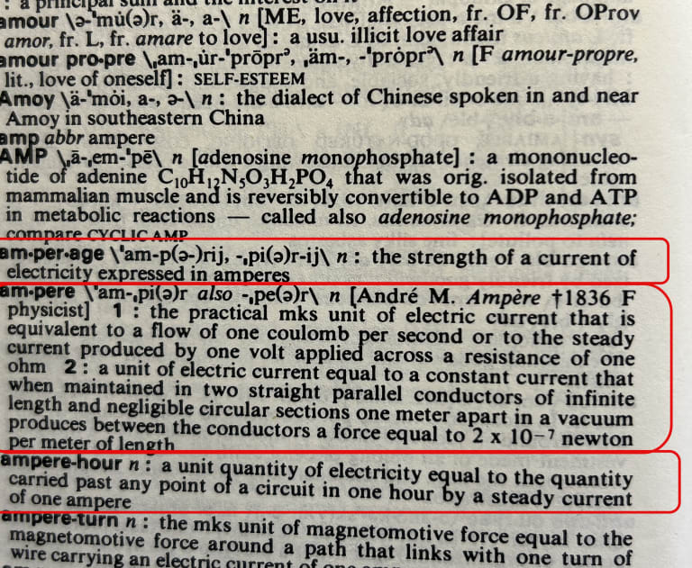 The image displays dictionary definitions for several electrical terms, including "amperage," "ampere," "ampere-hour," and "ampere-turn".