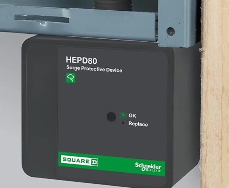 The item shown is a Square D HEPD80 Whole Home Surge Protective Device by Schneider Electric. Function: Provides surge suppression for sensitive electronics and major appliances against damage from power surges.
