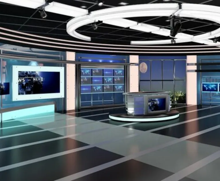 The image displays a 3D rendering of a virtual news studio set known as Virtual TV Studio News Set 27.