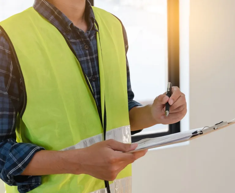 This image depicts a home inspector or construction professional evaluating a property's condition, wearing a yellow safety vest.