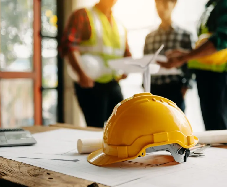 This image depicts a construction site planning meeting featuring essential safety and technical equipment. A yellow hard hat is in the forefront of the image, while 3 men are out of focus in the background.