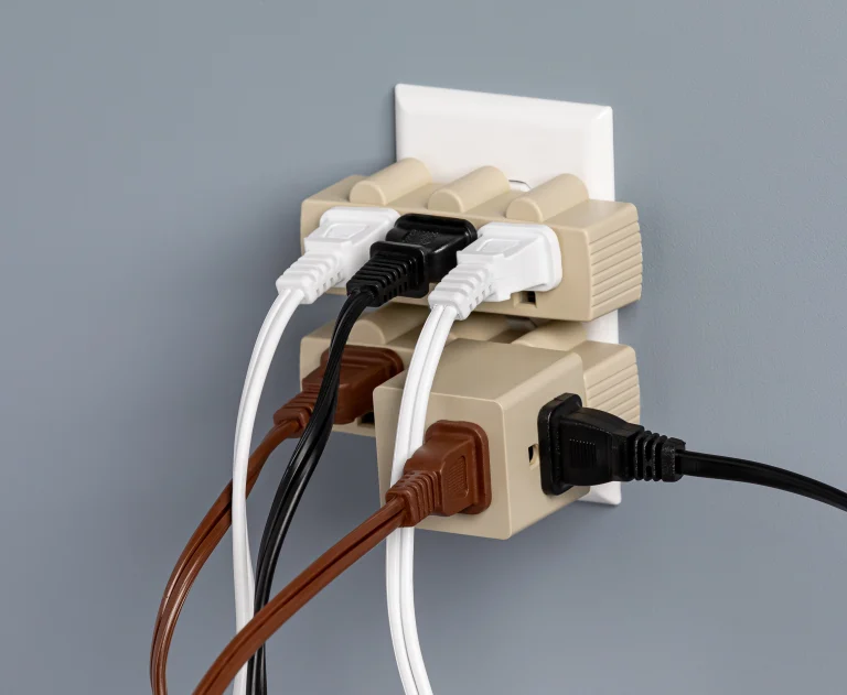 This image depicts an overloaded electrical outlet utilizing multiple adapters and extension cords, which poses a serious electrical fire hazard.