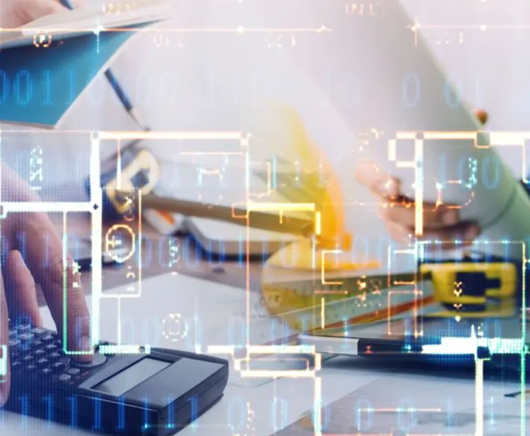 This image depicts a conceptual scene of modern construction project planning utilizing digital tools, often referred to as Building Information Modeling (BIM).