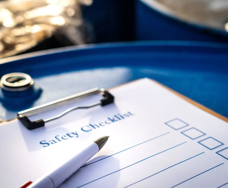 This image depicts a safety checklist resting on a blue industrial drum, commonly used in factory or chemical storage environments.