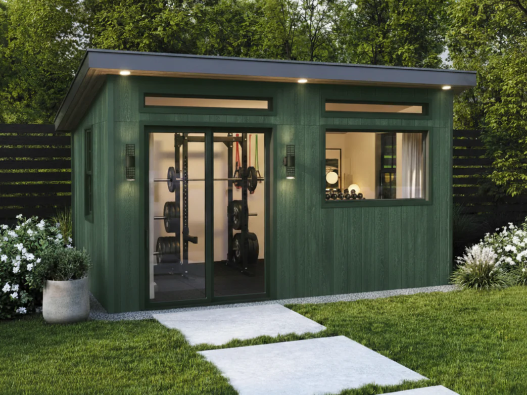 a modern, handcrafted portable shed featuring a sustainable wood exterior, a sliding patio door, and energy-efficient LowE thermopane windows.