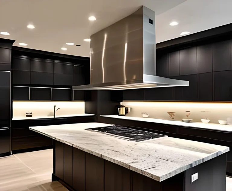 This image showcases a modern luxury kitchen featuring custom dark cabinetry and a large island with a white marble countertop.