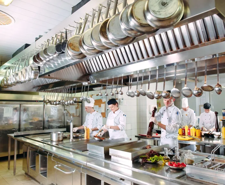 The image displays a bustling professional restaurant kitchen where chefs are busy preparing meals.