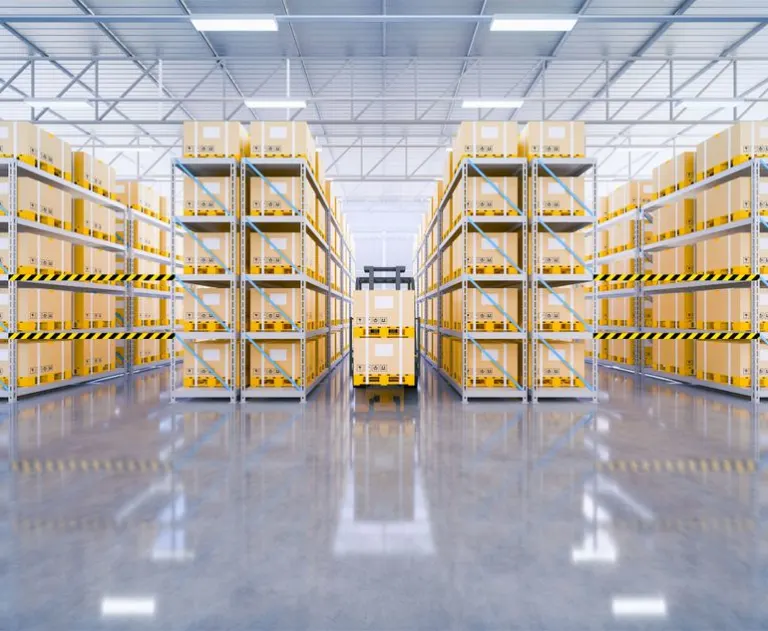 The image displays a modern, automated warehouse storage facility. It features high-density racking systems filled with cardboard boxes, likely used for wholesale distribution.