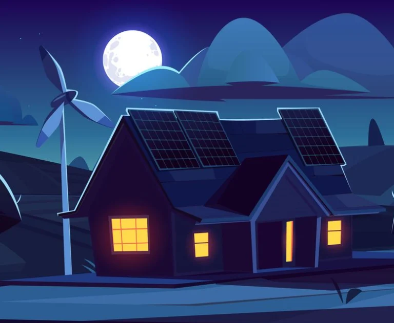 This image is an illustration of an eco-friendly house utilizing renewable energy sources at night. It features rooftop solar panels for generating electricity from the sun. A wind turbine is installed nearby to produce power from wind energy. The scene depicts a green energy concept for modern residential electricity generation.