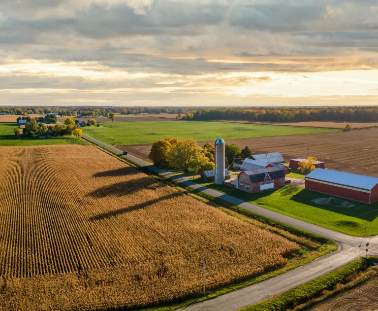 This image shows an aerial view of a rural agricultural landscape featuring farm buildings, a silo, and large crop fields.