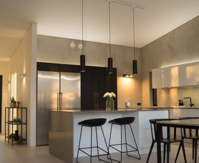 This image features a modern kitchen equipped with black cylinder pendant lights.