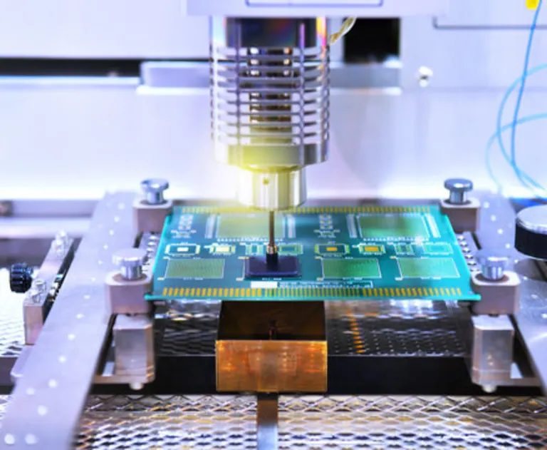 The image shows a Printed Circuit Board (PCB) undergoing an automated manufacturing process, likely surface-mount technology (SMT) assembly.