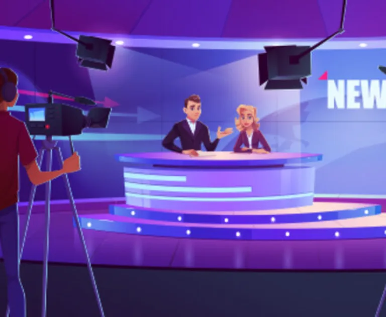 This image depicts a cartoon illustration of a television news studio set. It features a news anchor desk with two presenters and a large screen displaying news graphics in the background.