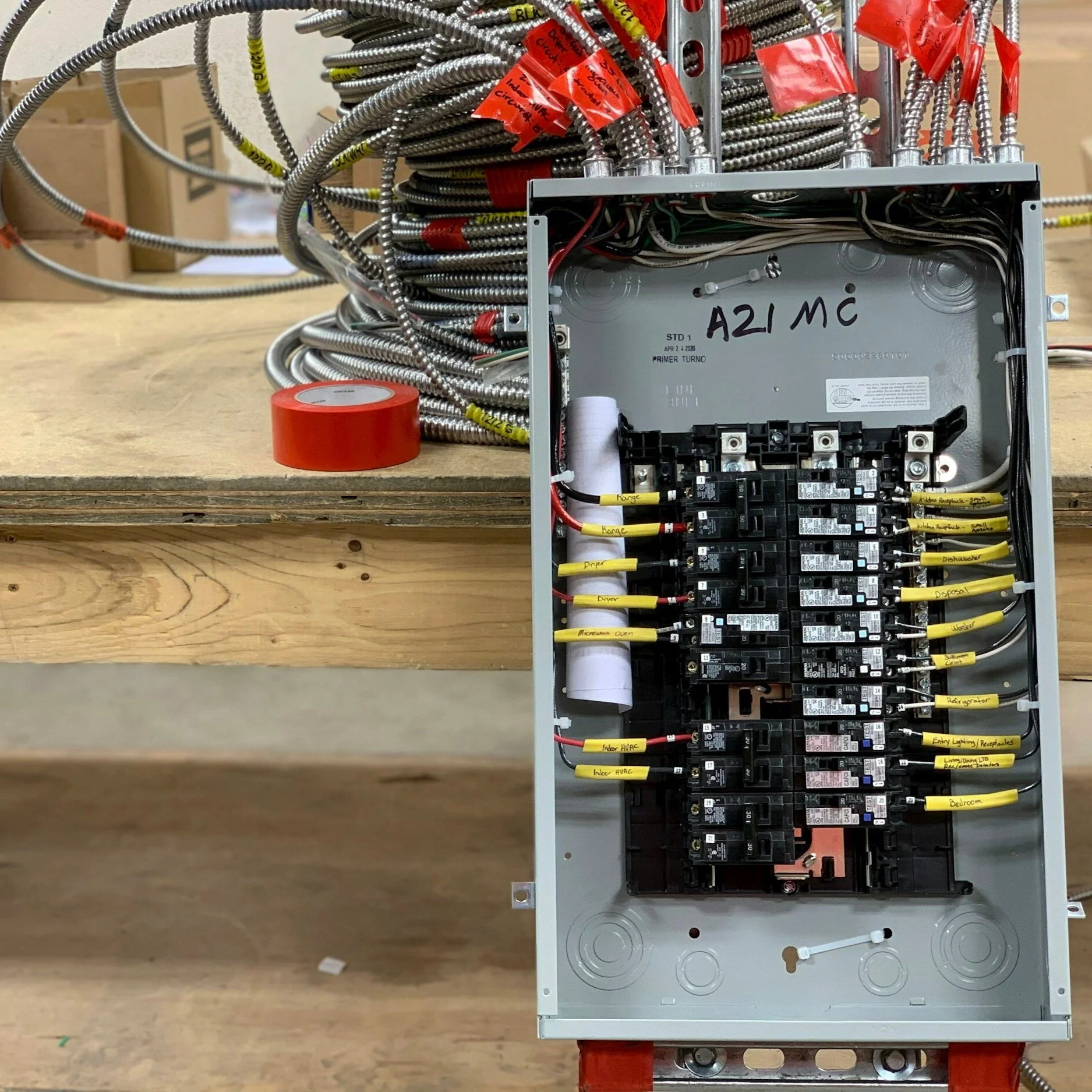 This image shows an electrical panel, also known as a breaker box or service panel, which functions as the central distribution point for electricity within a building.
