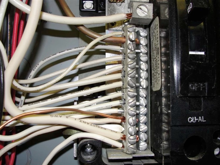 The image shows the interior of an electrical breaker panel, specifically focusing on the terminal bar where neutral and ground wires are terminated. The system features aluminum wires.