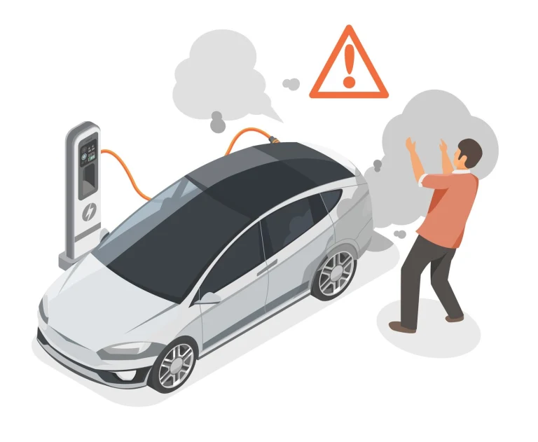 This illustration depicts an electric vehicle (EV) experiencing a hazardous event, such as a battery fault or fire, while plugged into a charging station.