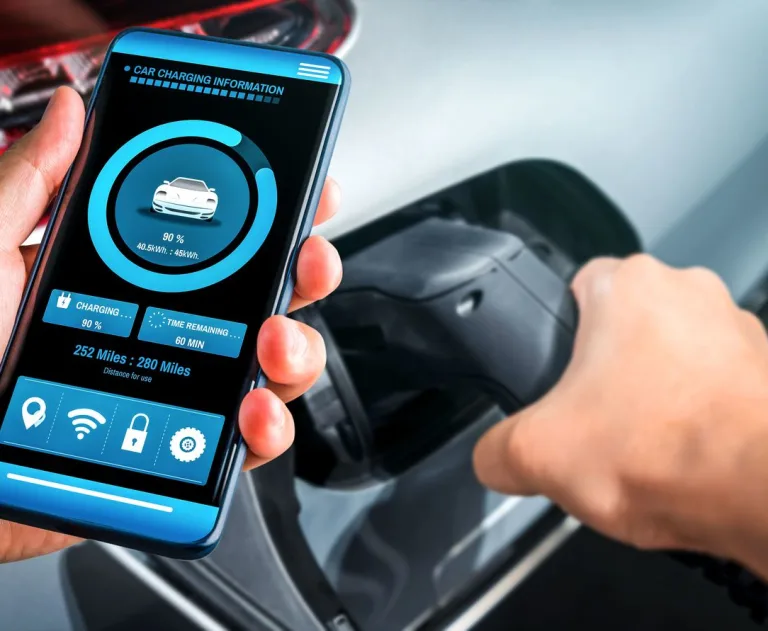 This image displays a mobile application interface designed for monitoring and managing the charging process of an electric vehicle (EV).