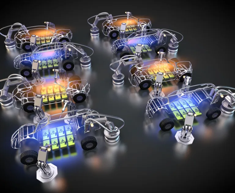 This image depicts a conceptual illustration of automated electric vehicle (EV) battery manufacturing and assembly.