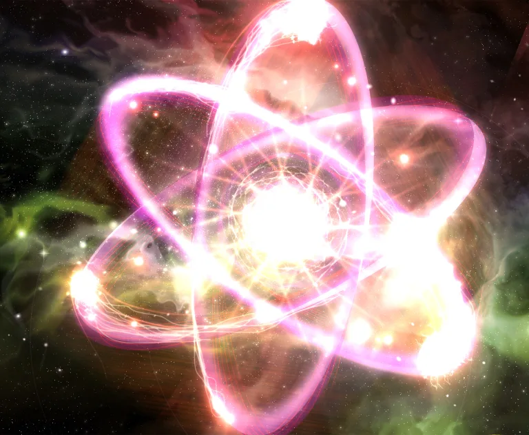 This image is a 3D illustration depicting an atomic particle or an atom, often used to visualize scientific concepts related to physics and energy, like what's used in pebble bed electricity.