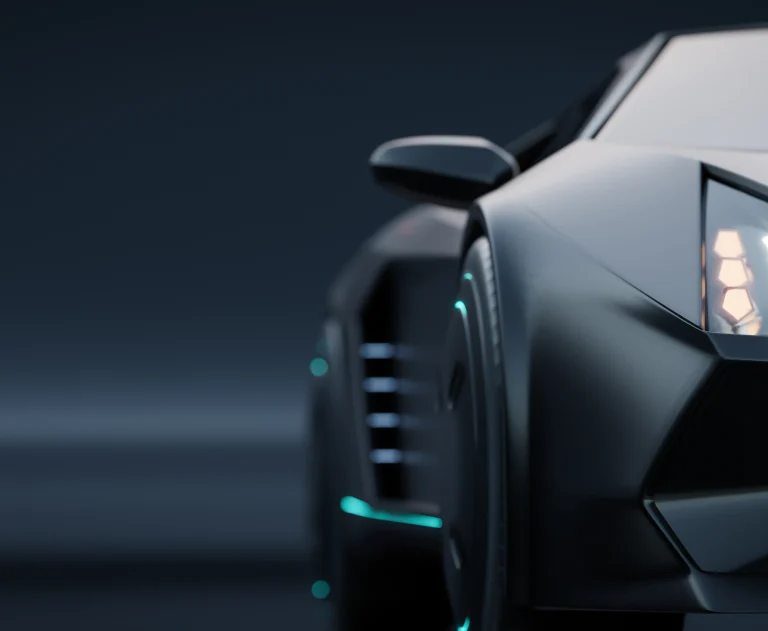 The image shows a close-up, stylized view of a modern electric vehicle, featuring a matte black finish and neon teal accent lighting.