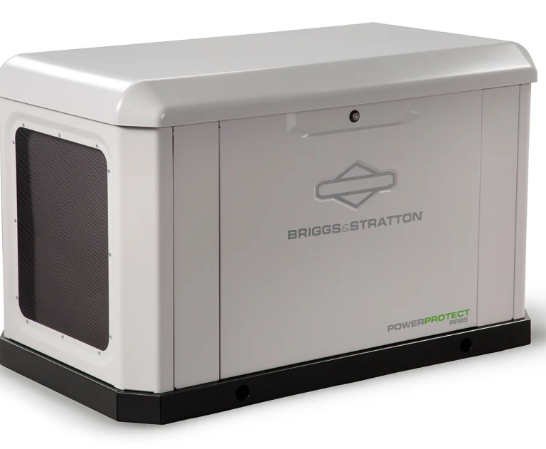 The item shown is a Briggs & Stratton PowerProtect 26kW Home Standby Generator.