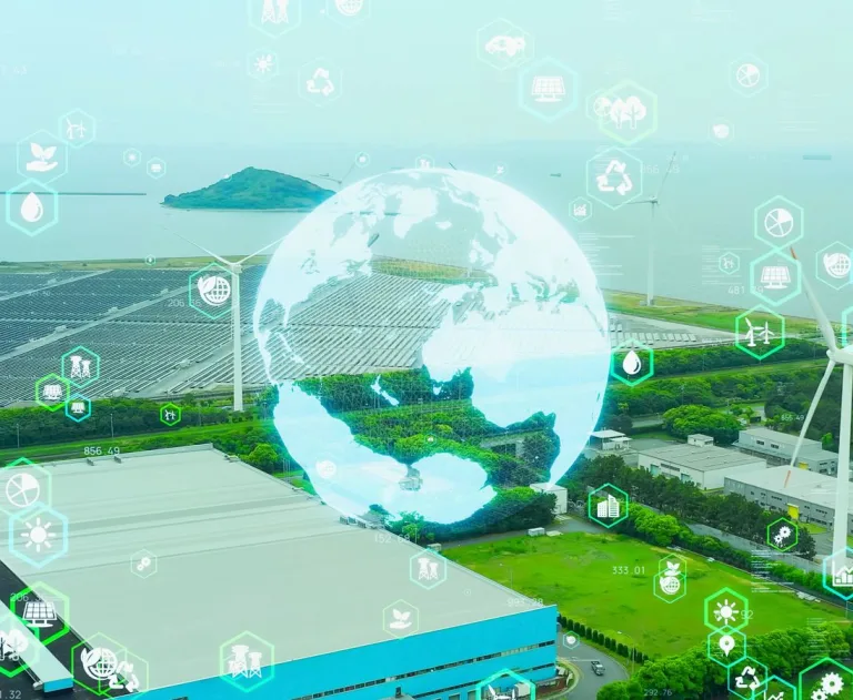 This image illustrates the concept of smart, sustainable manufacturing powered by data and artificial intelligence to achieve global environmental goals. It combines industrial infrastructure with digital overlays representing various eco-technologies.