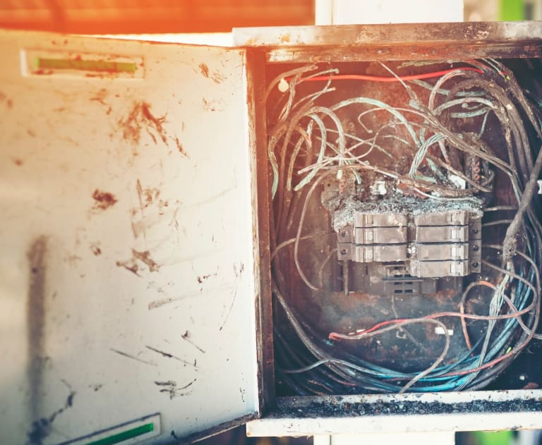 The image displays a severely damaged and unmaintained electrical service panel, likely indicating a high risk of fire or electrical failure.