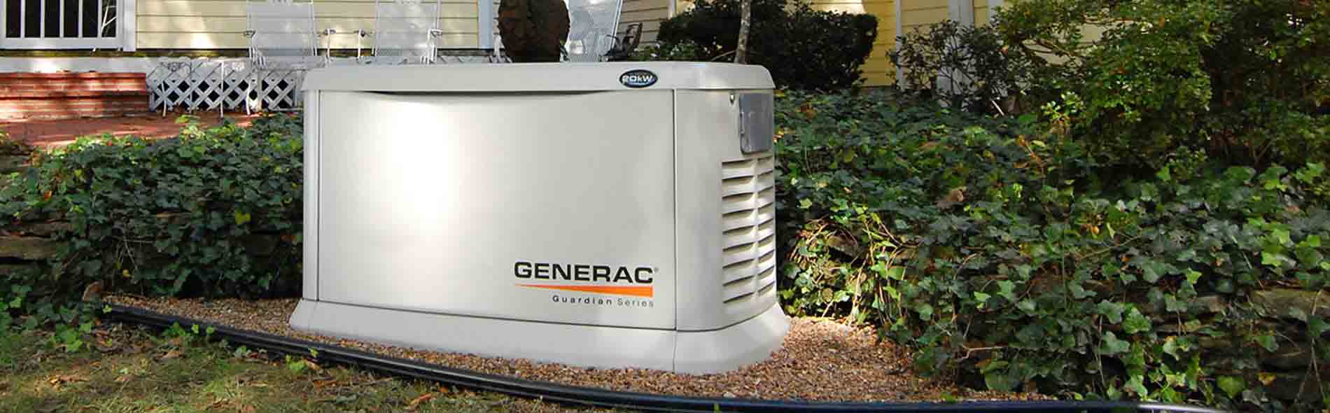 The image shows a Generac Guardian Series home standby generator.