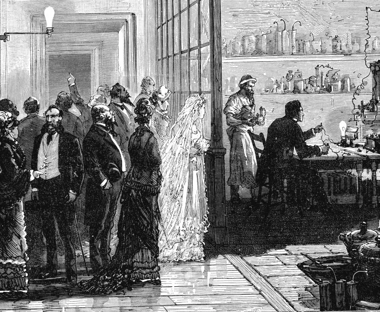 This illustration depicts Thomas Edison experimenting with electric lamps in his laboratory.