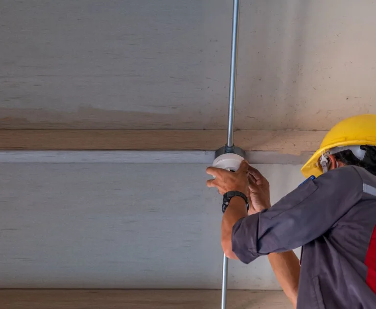 This image shows a worker is installing a component of a commercial fire detection and alarm system, such as a smoke detector or a specialized sensor.