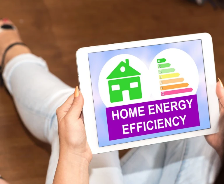 9a59f37b-1f77-4443-8cb2-ec19f8c0ddf3_large - Thomas Edison Electric The image shows a person holding a tablet displaying a home energy efficiency rating scale. Improving your home's energy efficiency lowers utility bills and reduces your environmental footprint.