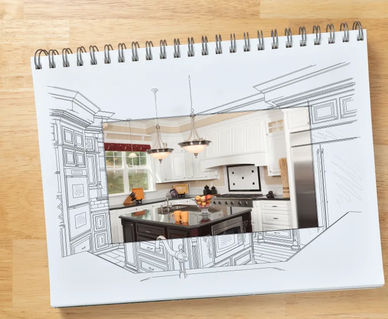 This image represents a kitchen remodeling design concept featuring a split view of a detailed architectural sketch and a modern photograph.