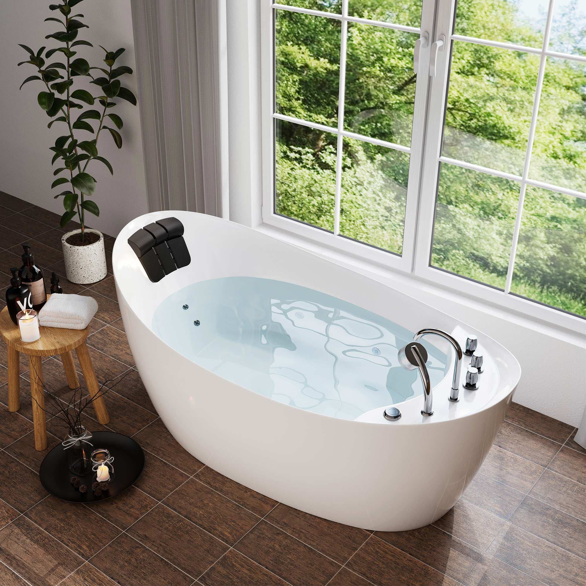 This is an acrylic freestanding whirlpool tub featuring hydro-massage jets, a matching faucet, and a black headrest