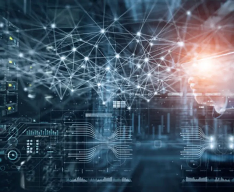 This image is a stock conceptual graphic representing technological concepts such as data analytics, cloud computing, and cybersecurity.
