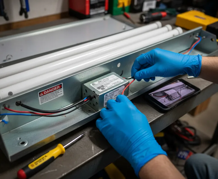 The image shows a technician installing a Keystone Technologies LED retrofit kit, specifically designed to convert traditional fluorescent light fixtures to LED.