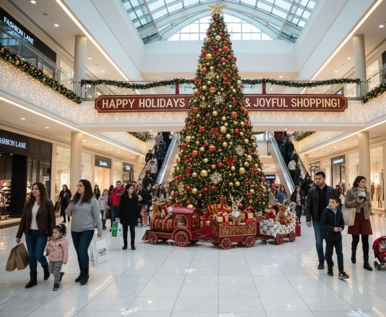 Mall_Christmas_Display_Shopping_648221 - Thomas Edison Electric This image shows a festive Christmas display inside a large shopping mall hall.
