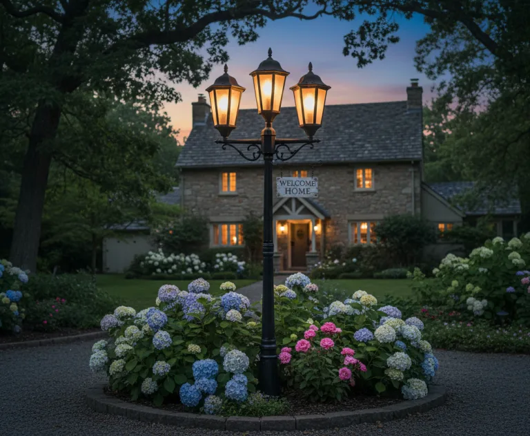 This image displays a fairytale-style stone cottage set in a lush garden during a vibrant twilight or sunset with a black metal lamppost.